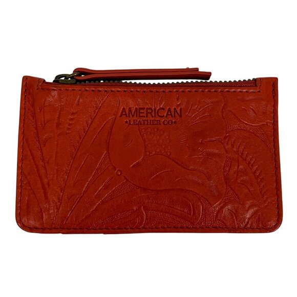American Leather Co Portland Card Wallet Red Embossed Floral Leather EUC - Picture 1 of 7